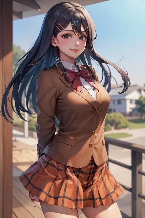 (masterpiece, best quality:1.2), <lora:tokyomirage_oribe-17:0.8>, cowboy shot, solo, 1girl, oribe tsubasa, smile, closed mouth, looking at viewer, arms behind back, hairclip, hair ornament, school uniform, red bow, red plaid skirt