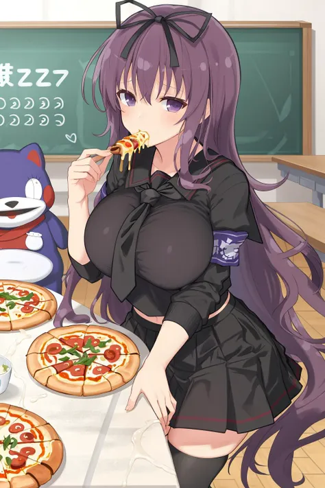 masterpiece, best quality, murasaki (senran kagura), very long hair, (purple hair:1.1), thighhighs, purple eyes, large breasts,  school uniform, purple hair, food, character name, pizza, hair ribbon, large breasts, solo, serafuku, eating, skirt, ribbon, black serafuku, black ribbon, very long hair, necktie, table, holding pizza, emblem, black skirt, holding, holding food, looking at viewer, stuffed toy <lora:murasaki_senran kagura-000012:0.7>  <lora:Senran_kagura_style:0.4>