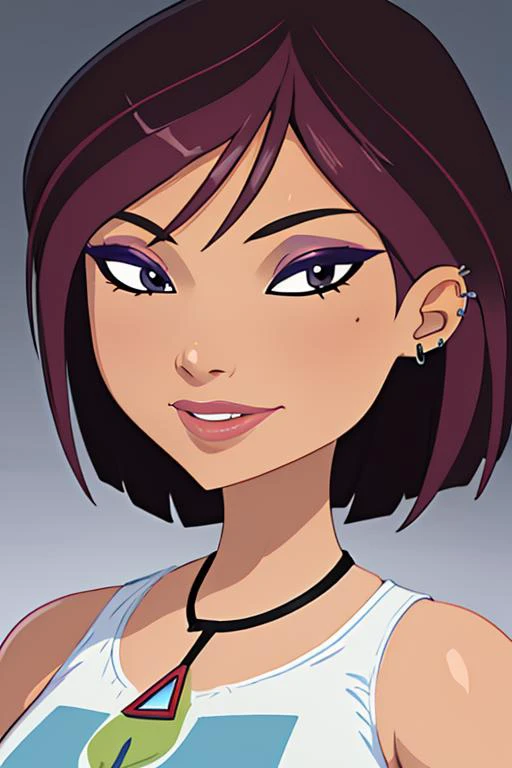 (extremely detailed 8K, high resolution, ultra quality, highly detail eyes, highly detail mouth, highly detailed face, perfect eyes, hd, 2k, 4k, 8k, 16k), <lora:6teen_NikkiWong-10:0.7> nikki_wong, piercing, necklace, tank top