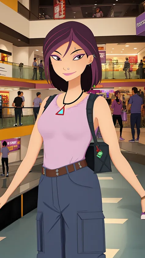 high resolution,ultra quality,perfect eyes,hd,<lora:6teen_NikkiWong:0.8>,nikki wong,piercing,necklace,indoors,escalator,stores,gray cargo pants,belt,sneakers,light purple footwear,inside,in a shopping mall,upper body,portrait,