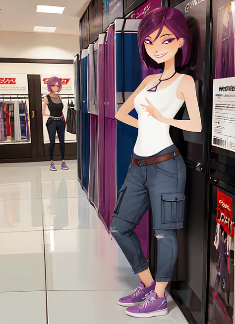 ((best quality)), ((highly detailed)), masterpiece, absurdres, (detailed eyes, deep eyes), (1girl), full body, <lora:hairdetailer:1>, <lora:6teen_NikkiWong:.8>, nikki_wong, piercing, necklace, nose piercing, eyebrow piercing, smiling, (white tank top), gray cargo pants, belt, sneakers, light purple footwear, inside, in a shopping mall