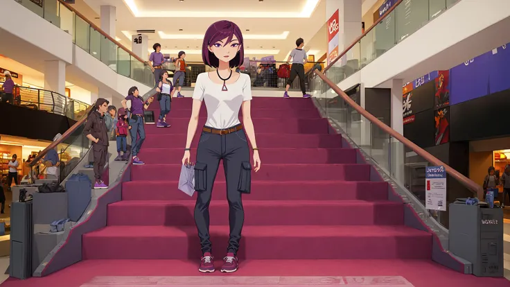 high resolution,ultra quality,perfect eyes,hd,<lora:6teen_NikkiWong:0.8>,nikki wong,piercing,necklace,full body,indoors,escalator,stores,gray cargo pants,belt,sneakers,light purple footwear,inside,in a shopping mall,