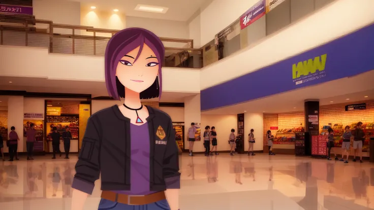 high resolution,ultra quality,perfect eyes,hd,<lora:6teen_NikkiWong:0.8>,nikki wong,piercing,necklace,full body,indoors,escalator,stores,gray cargo pants,belt,sneakers,light purple footwear,inside,in a shopping mall,