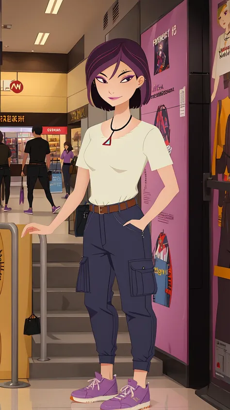 high resolution,ultra quality,perfect eyes,hd,<lora:6teen_NikkiWong:0.8>,nikki wong,piercing,necklace,indoors,escalator,stores,gray cargo pants,belt,sneakers,light purple footwear,inside,in a shopping mall,upper body,portrait,