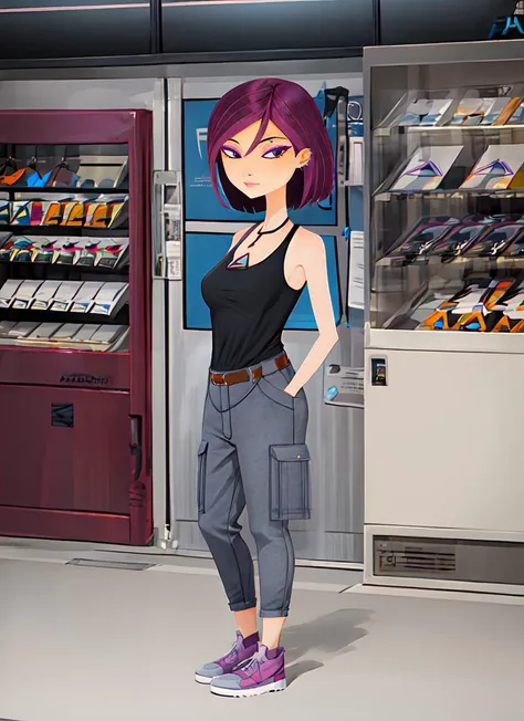 ((best quality)), ((highly detailed)), masterpiece, absurdres, detailed face, beautiful face, (detailed eyes, deep eyes), <lora:more_details:.4>, (1girl), full body, <lora:hairdetailer:.9>, <lora:6teen_NikkiWong:.8>, nikki_wong, piercing, necklace, nose piercing, eyebrow piercing, (white tank top), gray cargo pants, belt, sneakers, light purple footwear, inside, in a shopping mall