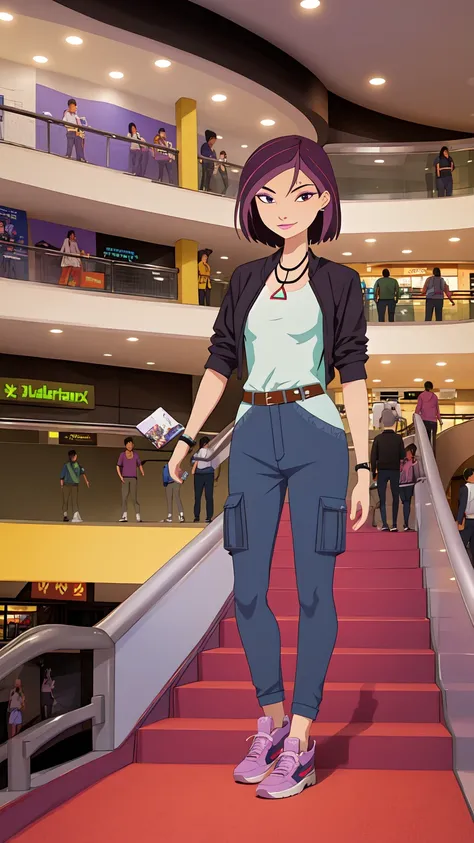 high resolution,ultra quality,perfect eyes,hd,<lora:6teen_NikkiWong:0.8>,nikki wong,piercing,necklace,indoors,escalator,stores,gray cargo pants,belt,sneakers,light purple footwear,inside,in a shopping mall,upper body,portrait,