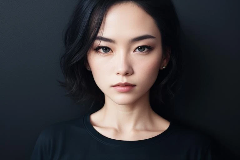 portrait of a woman, plain black background, wearing a black top, black t-shirt, top, (headshot:1.2), (clothing:1.1), (t-shirt, top:1.2), face focus, shadows, dramatic, jeans, photorealistic, high detail, detailed, beautiful,