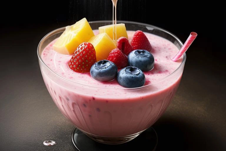 mix fruit and berries, fruits splash milk mixed fruit milkshake, hyper realistic, dramatic lighting , fruit, liquid splashes, merging, melting, splashing, droplets, mixing, fading away, exploding, swirling, intricate detail, modelshoot style, dreamlikeart, dramatic lighting. 8k, highly detailed, trending artstation, Splash
