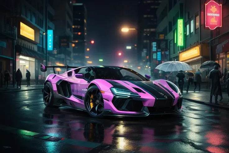 ToxicPunkAI sport car in cyberpunk street city at night neons rain fog, detailed, intricate,outline,4k,masterpiece
