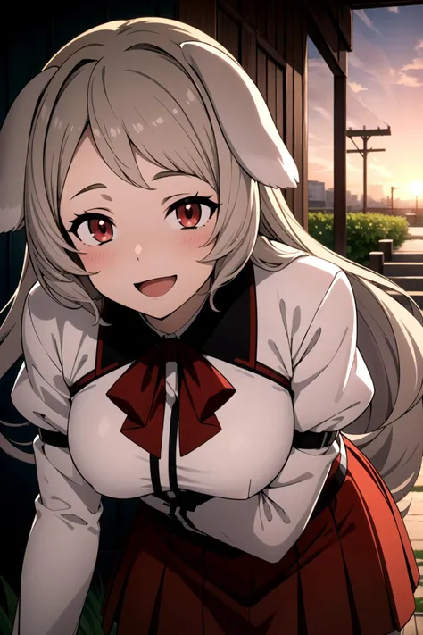 <lora:2_Detail_Tweaker:0.8>, masterpiece, best quality, highly detailed background, cinematic lighting, detailed eyes, perfect face, <lora:Addams:0.6> pursena, 1girl, red eyes, dog ears, dog tail, grey hair, long hair, open mouth, blush, smile, garden, sunset, bowing, bent over, brushing hair, pov, red skirt, leaning on object,