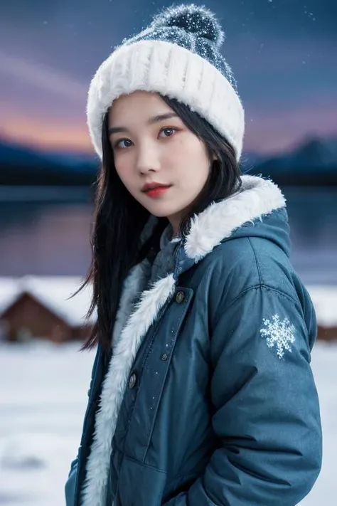 Best quality, 8k, perfect lighting, masterpiece, ultra high res, (photorealistic:1.4), raw photo,1girl, solo, realistic, looking at viewer, upper body, detailed arctic background, winter clothes, dynamic pose, snow, snowflakes, night, aurora sky, detailed oily skin, red lips,