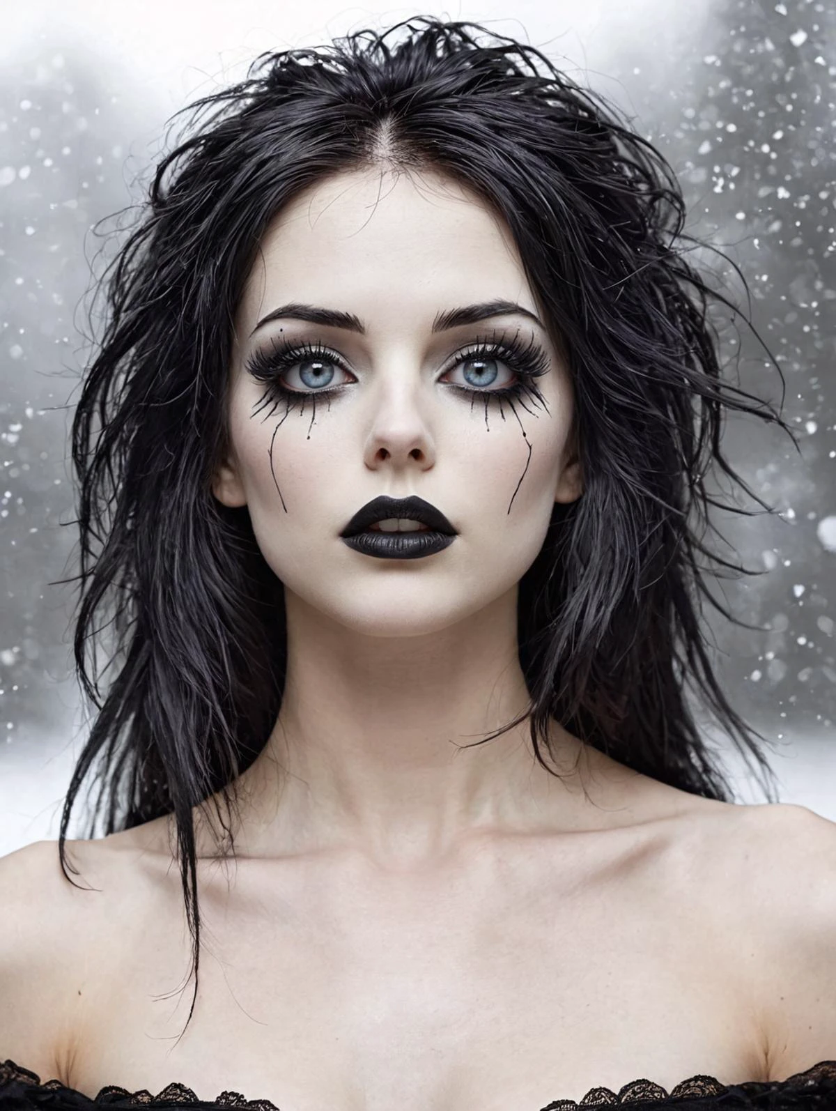 Gothic style dark horror, Gothic , minimalist style, a skinny beautiful woman in gothic style, goth band t-shirt side boob, expressive eyes and stare, (a snow-white skin:1.5), open mouth, lots of black eyeliner and black mascara, long black messy wild hair, <lora:Sideboob_XL:1> . Dark, mysterious, haunting, dramatic, ornate, detailed
