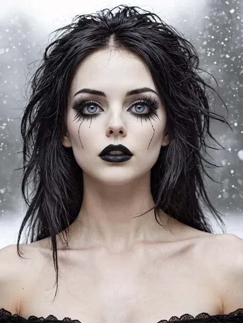 Gothic style dark horror, Gothic , minimalist style, a skinny beautiful woman in gothic style, goth band t-shirt  side boob,  expressive eyes and stare, (a snow-white skin:1.5), open mouth, lots of black eyeliner and black mascara, long black messy wild hair,  <lora:Sideboob_XL:1> . Dark, mysterious, haunting, dramatic, ornate, detailed