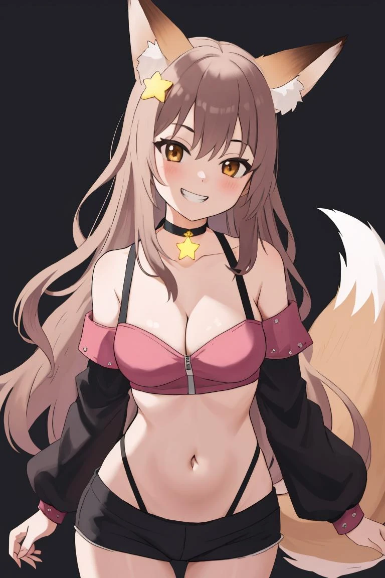 masterpiece, best quality, <lora:AnnytfV1-000080:1>, Annytf, 1girl, virtual_youtuber, animal_ears, tail, shirt, breasts, pink_shirt, smile, long_hair, fox_girl, crop_top, black_choker, choker, off_shoulder, off-shoulder_shirt, grin, shorts, cleavage, black_shorts, short_shorts, hair_ornament, navel, star_\(symbol\), midriff, looking_at_viewer, long_sleeves, highleg, bare_shoulders