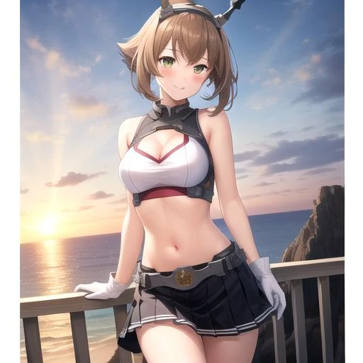 ((masterpiece)),(best quality),official art,extremely detailed CG,unity 8k wallpaper,ultra detailed,A lighthouse on a cliff by the sea,1girl,solo,upper body,(portrait:1.2),white_gloves,brown_hair,short_hair,large_breasts,black_skirt,green_eyes,headgear,pleated_skirt,smile,looking_at_viewer,midriff,miniskirt,hairband,navel,cleavage,radio_antenna,flipped_hair,blush,<lora:Mutsu(kan)>,