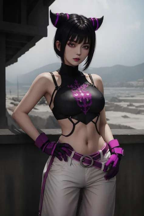 ((bes quality)), absurdres, (ultra high res), (/juri han), girl, dudou, white baggy pants, belt, fingerless gloves, pink trim, bangs, navel, looking at viewer, detailed eyes, 8k, masterpiece, cinematic lighting, <lora:Juri:0.83>