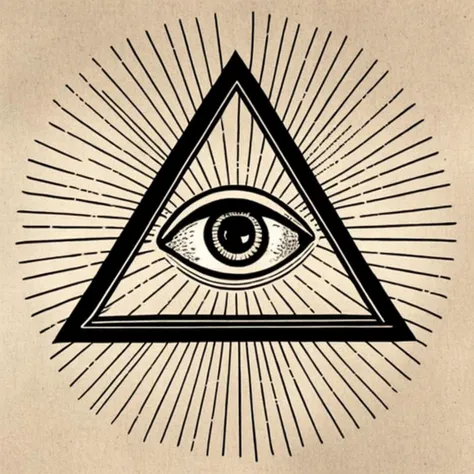 a triangle with an eye inside it , solo, monochrome, no humans, parody, stairs, style parody, eye focus
