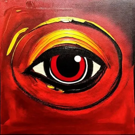 a painting of an eye on a red background , solo, looking at viewer, yellow eyes, dark skin, no humans, traditional media, one-eyed, abstract, eye focus