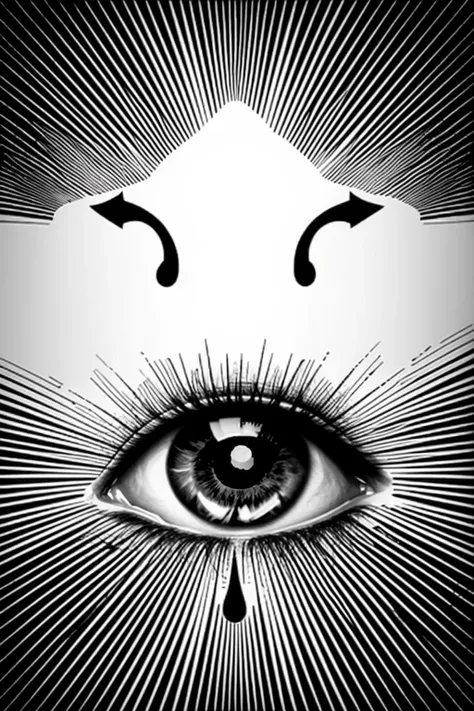 an eye with a tear of tears , solo, looking at viewer, monochrome, comic, greyscale, eyelashes, close-up, emphasis lines, eye focus