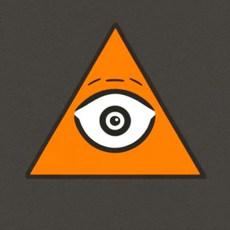 a triangle with an eye inside , solo, looking at viewer, simple background, english text, pokemon (creature), no humans, orange background, eye focus