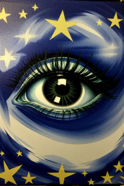 a painting of an eye with stars in the background