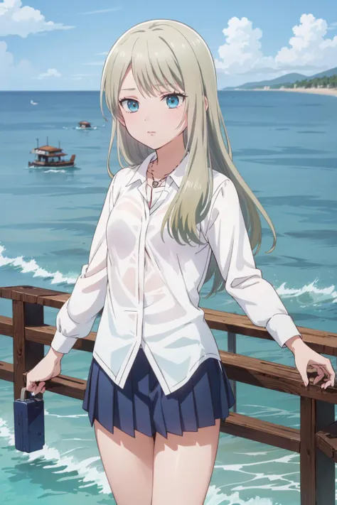 ((masterpiece)), (best quality), official art, pixel-perfect, detail-perfect,
1girl, lily someya, school uniform, white shirt, necklace, barefoot, ocean,
expressionless, cowboy shot,
day,
<lora:lily-jknomuda:0.8>