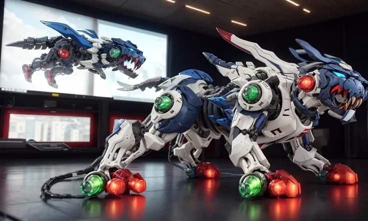 tgrzoid2024v2, blue mechanical tiger, 4 legs, robotic head, mecha, cybernetic, cyberpunk, armor, armored head, quadruped, best quality, zoids, new york city, blue metal,