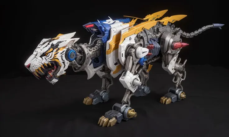 tgrzoid2024, 4 legs, robotic head, mecha, cybernetic, cyberpunk, armor, armored head, quadruped, mechanical tiger, best quality, zoids, new york city, blue metal,