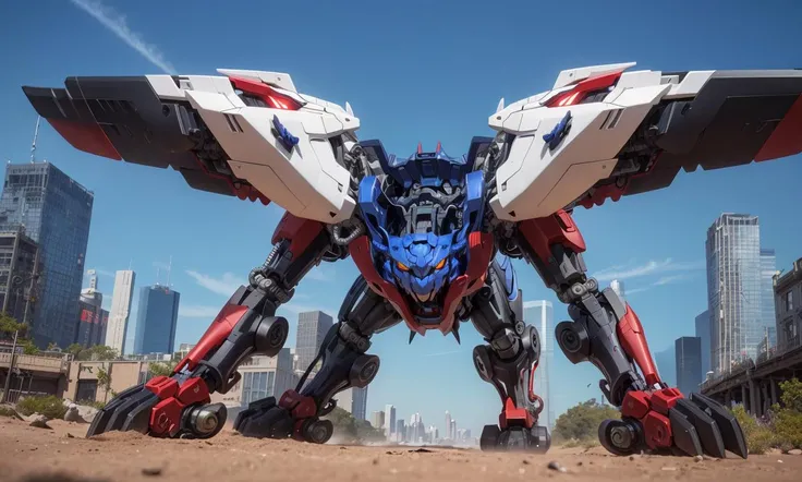 tgrzoid2024, blue mechanical tiger, 4 legs, robotic head, mecha, cybernetic, cyberpunk, armor, armored head, quadruped,  best quality, zoids, new york city, blue metal,