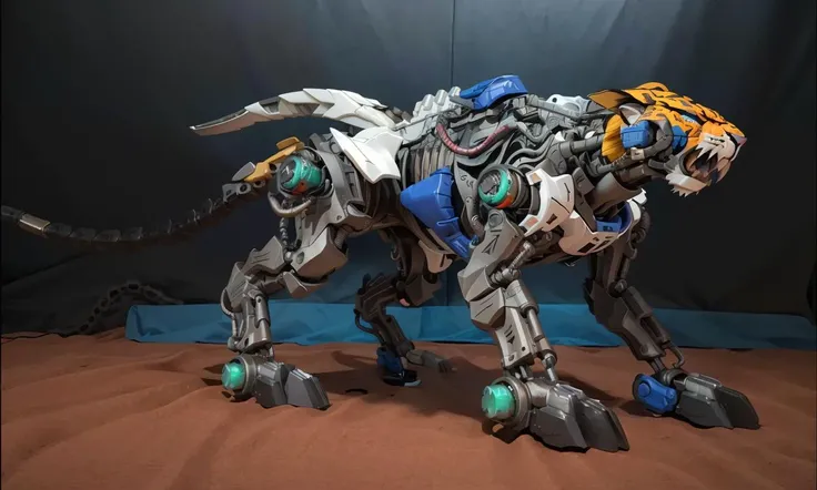 tgrzoid2024, 4 legs, robotic head, mecha, cybernetic, cyberpunk, armor, armored head, quadruped, mechanical tiger, best quality, zoids, new york city, blue metal