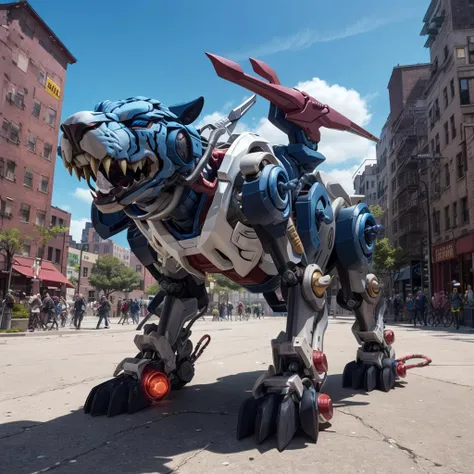 tgrzoid2024v2, blue mechanical tiger, 4 legs, robotic head, mecha, cybernetic, cyberpunk, armor, armored head, quadruped, best quality, zoids, new york city, blue metal