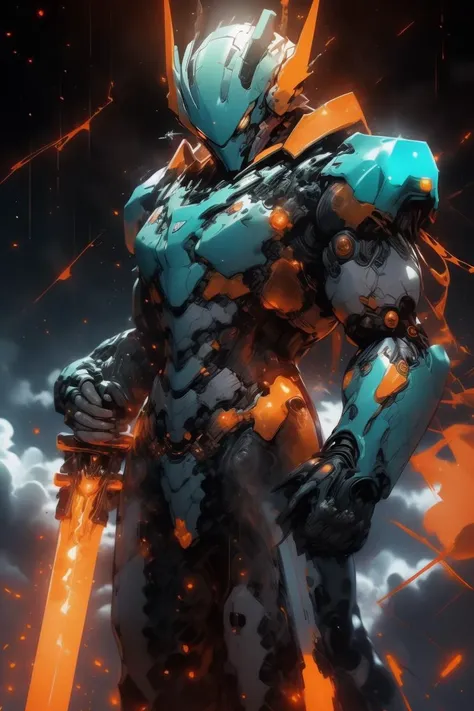 (Jaded Painting:1.3) of (Rough sketch:1.3) <lora:Mecha warrior Mecha_20230621092507:0.85> Mecha warrior, Mecha, glow, glowing, clouds, colorful,(Blue hue:1.3)
