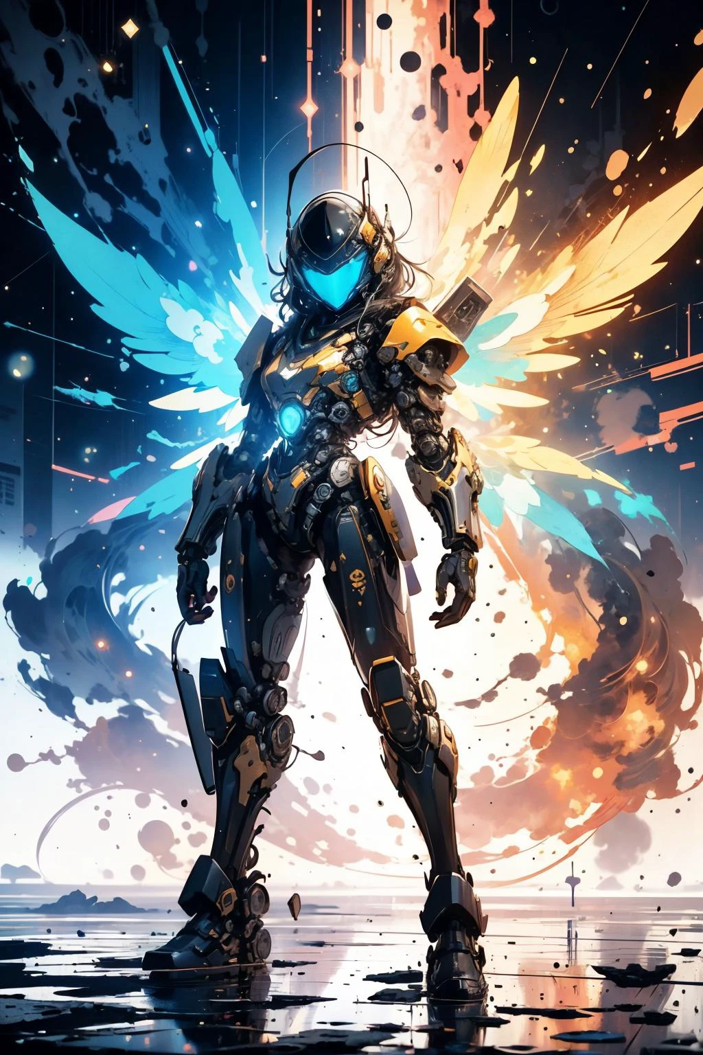 (Masculine Painting:1.3) of (Simple illustration:1.3) <lora:wrenchsmechs:0.8> wrenchsmechs, glowing, <your_color> mecha, halo, mechanical wings, long hair,robot,((cyborg)),machine,futuristic,concept Art by senior character Artist,featured on zbrush central,trending on polycount,trending on ArtStation,CGSociety,hard surface modeling