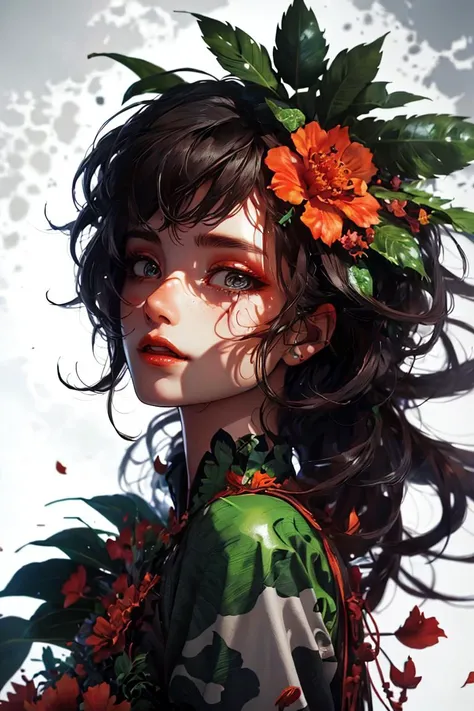 (Dumb Professional 3D rendering:1.3) of (Technical illustration:1.3) <lora:wrenchleafloom:0.8> wrenchleafloom, gown, leaf, 1 woman, dress, vegetation, colorful, clouds, flames,,CGSociety,ArtStation,(Dark hue:1.3),(close portrait:1.3),(Feminine:1.4),(beautiful:1.4),(attractive:1.3),handsome,calendar pose,perfectly detailed eyes,studio lighting,thematic background