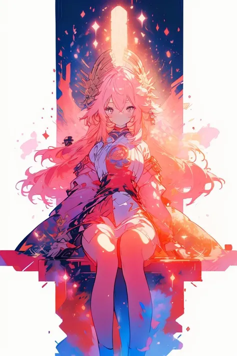 (Extreme Painting:1.3) of (Illustration:1.3),(Relieving:1.3) A photo of a girl, <lora:YaeMiko_Test:0.8> pink hair, fox ears, kitsune,(Primary Colors:1.3), shiny, shiny hair, shiny skin, shiny clothes
