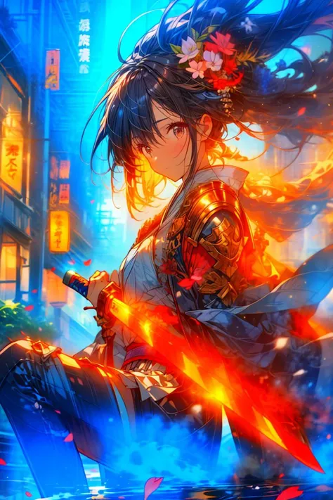 a warrior, sword, Japanese, shoulder armor, petals,
<lora:more_details:1>
