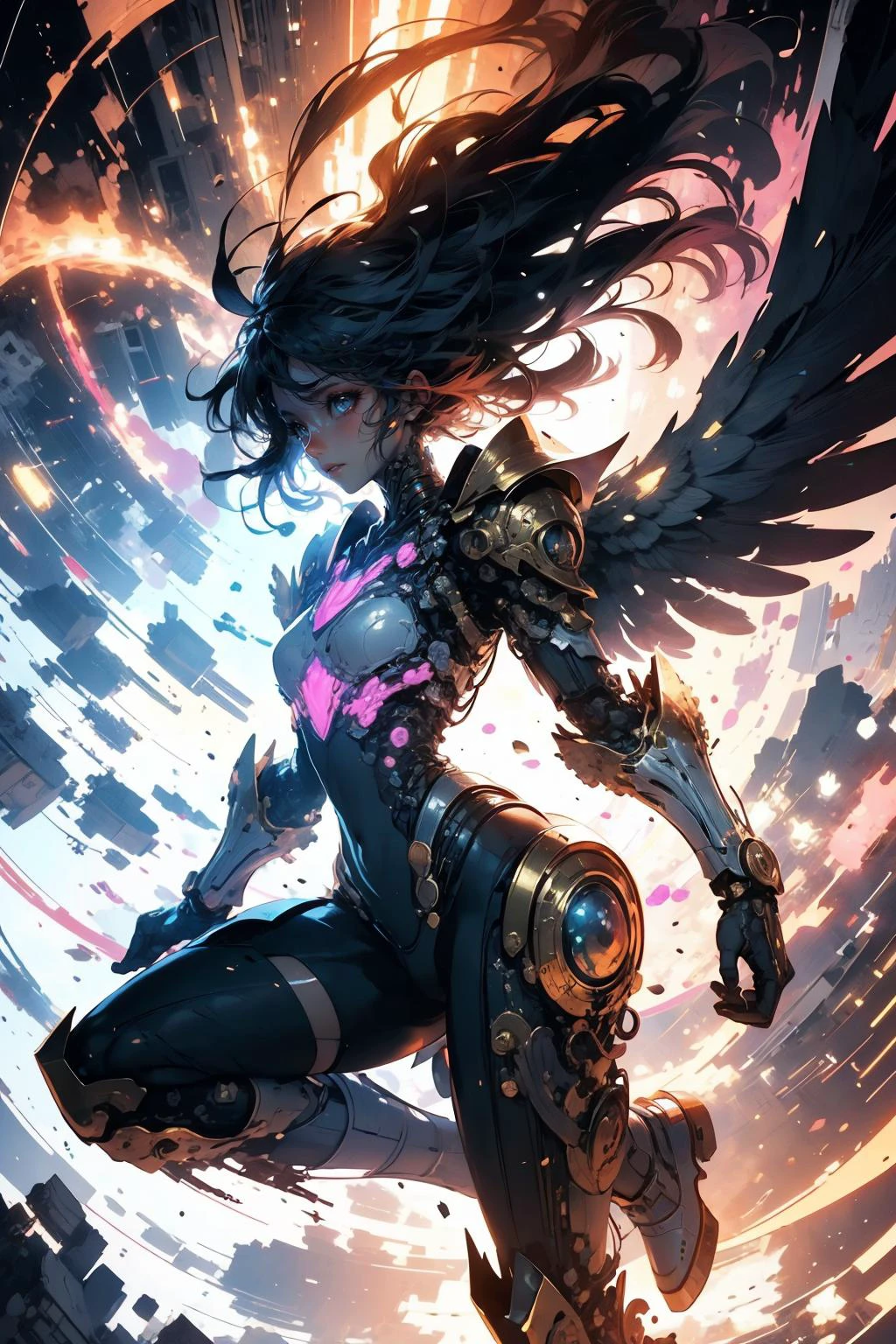 (Feminine Painting:1.3) of (Simple illustration:1.3) <lora:wrenchsmechs:0.8> wrenchsmechs, glowing, <your_color> mecha, halo, mechanical wings, futuristic armored female warrior leaping skyward, taking flight, dynamic lighting and vibrant colors, energetic background suggesting movement and energy, sci-fi and cybernetic themes, advanced technology, detailed and intricate armor, cinematic and epic, octane colors, digital art, trending on ArtStation