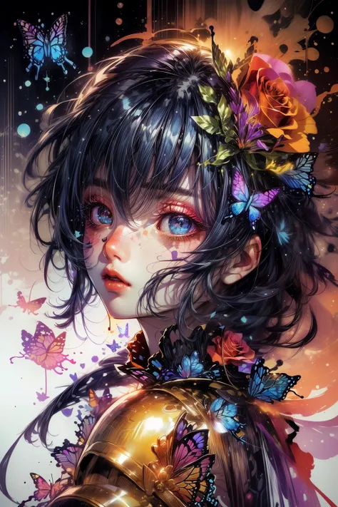 (Rough Drawing:1.3) of (Sketch:1.3) Makeup, Colorful, Detailed eyes, details, Starry background, Sparkles, (butterfly:1.4), (Roses:1.3), Warrior, body armor, shoulder armor,,(Kodak Ektar:1.3),(close portrait:1.3),(Feminine:1.4),(beautiful:1.4),(attractive:1.3),handsome,calendar pose,perfectly detailed eyes,studio lighting,thematic background