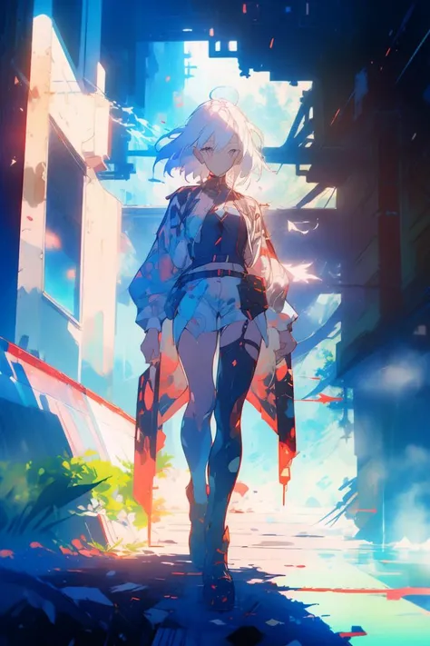 (Fragile Digital Artwork:1.3) of (Cel shading:1.3),(Disgusting:1.3) A photo of a girl, <lora:lucy_offset:0.8> lucy \(cyberpunk\), short hair, white hair, cyberpunk, cyberware,CGSociety,ArtStation,(Offset print:1.3), shiny, shiny hair, shiny skin, shiny clothes