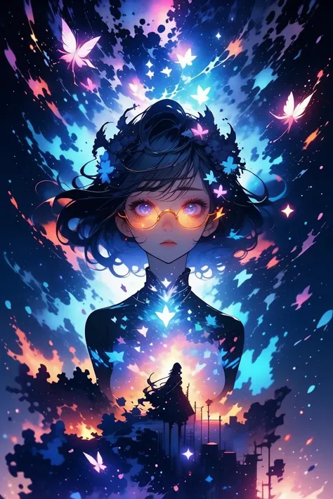 a photo of a woman, freckles, detailed eyes, pink eyes, (rimless eyewear:1.3), sweater, cozy, large breasts, blush,
[white hair|Orange hair], makeup, 
butterfly, 
flowers,  <lora:cozy anime_20230630155224:0.55> cozy anime <lora:wrenchfaeflare:0.5> wrenchfaeflare, glowing, embroidery, accessories, jewelry, reflection, refraction, insert_your_color dress, insert_yourr_pattern pattern, add_some_random_mumbo_jumbo_shit_like_molten_lava_frozen_ice_idk, night sky, starry sky, star \(sky\),  <lora:wrenchsfantasy:0.45> wrenchsfantasy, fantasy, glowing, glowing eyes, <lora:LCM_LoRA_Weights_SD15:1>