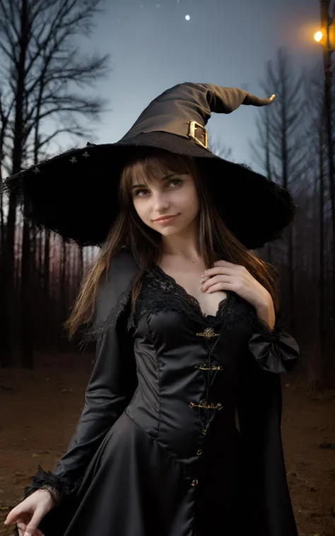 night,(witch outfit:1.1), black dress,capelet, BREAK portrait,solo,outdoors,dark forest wallpaper at (night:1.5),BREAK (Buromskih Irina), photo of a women,happy,smirk,eye_focus,(freckles:0.8),(russian:0.2) ,BREAK (witch costume:1.3),witch hat,mage,megumin,black dress,detailed <lora:Buromskih_Irina_bnhanlwx_V04_217k:1>