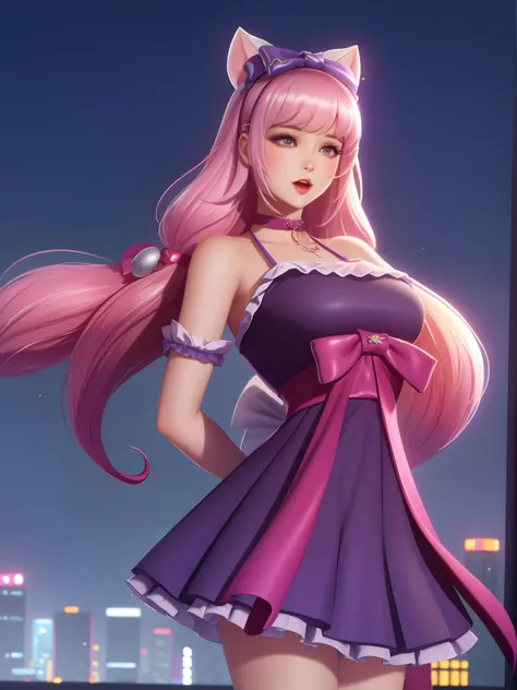 <lora:WZRYdaqiaoMGRJ_20230811164801:0.75>,WZRYdaqiaoMGRJ,1girl, mature female, looking at viewer, cityscape, night, bell,bow,dress,choker, arms behind back,