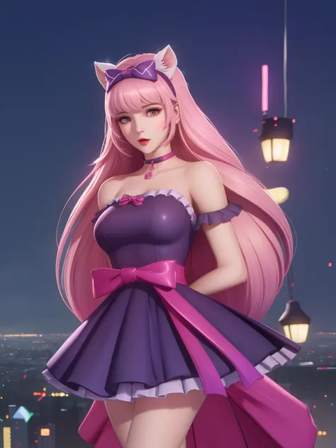 <lora:WZRYdaqiaoMGRJ_20230811164801:0.75>,WZRYdaqiaoMGRJ,1girl, mature female, looking at viewer, cityscape, night, bell,bow,dress,choker, arms behind back,
