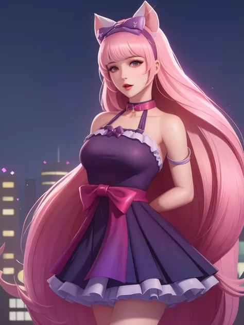 <lora:WZRYdaqiaoMGRJ_20230811164801:0.75>,WZRYdaqiaoMGRJ,1girl, mature female, looking at viewer, cityscape, night, bell,bow,dress,choker, arms behind back,