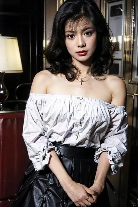 best quality, ultra high res, (photorealistic:1.4), 1girl, off-shoulder dress, black skirt, (medium breasts:1.2), (busty:1), looking at viewer, <lora:wengmeiling_20230702121823:0.8>