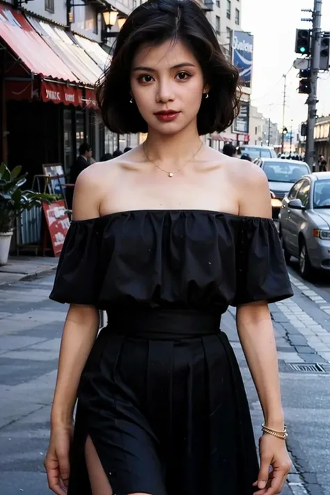 best quality, ultra high res, (photorealistic:1.4), 1girl, off-shoulder dress, black skirt, (medium breasts:1.2), (busty:1), looking at viewer, <lora:wengmeiling_20230702121823:0.8>