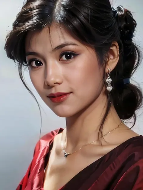 1girl, solo, dress, black hair, ponytail, red dress, smile, earrings, simple background, jewelry, looking at viewer, black eyes, makeup, ulzzang-6500v1.1, (original: 1.2), (realistic: 1.3) , beautiful girl with beautiful details, extremely detailed eyes and face, eyes with beautiful details, absurd, incredibly absurd, huge file size, ultra detail, high resolution, ultra detailed, best quality, masterpiece, illustration, ultra detailed and beautiful, ultra detailed, CG, unity, 8k wallpaper, amazing, fine Detail, masterpiece, top quality, official art, extremely detailed CG unity 8k wallpaper, cinematic lighting, (perfect shiny skin:0.6), slim and smooth lines, (floating) <lora:wengmeiling_20230702121823:0.8>