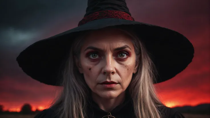 an elderly witch, scary monster face, all wrinkled, with a scar on her face, witch's hat, holding a witch's broom, staring at the camera, with a smoky gaze, flames coming out of her eyes, black and red background, cinema lighting, super detailed