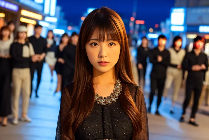 masterpiece,realistic, 4k, detailed, a close up of <lora:Kn0nFkd4:1> modeling in street of seul in the night, highly detailed face, f2.8,denoise, dof, full body, elegant black clothes, blur background, bangs, long hair,