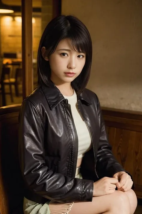 Best quality, masterpiece, ultra high res, (photorealistic:1.4), raw photo, closeup, in coffeeshop, deep shadow, dark theme, sitting down, leather jacket, <lora:Kn0nFkd4:1>